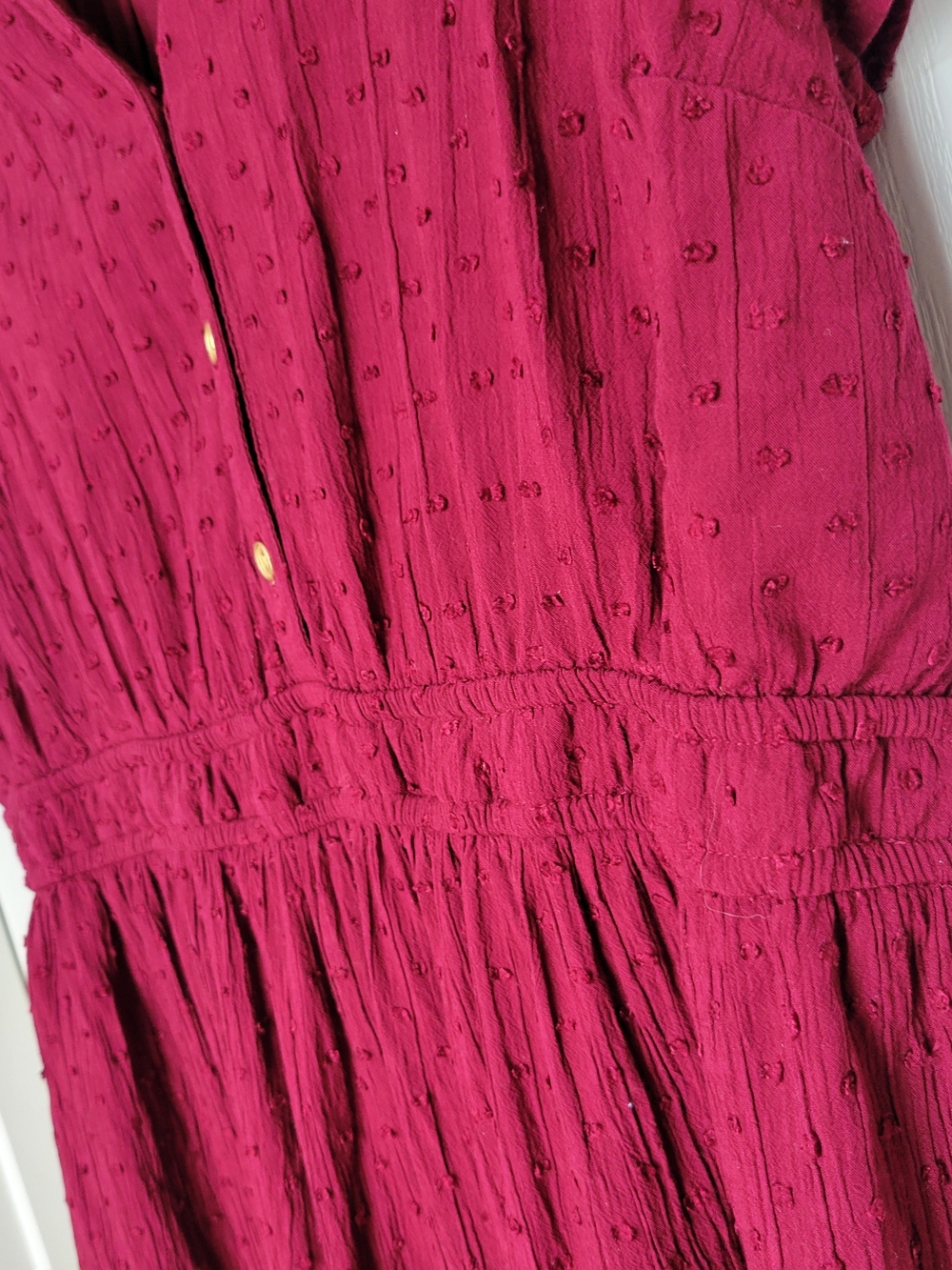 LOFT Cranberry Red Swiss Dot Tiered Midi Dress Gold Buttons Women's Size XL - Picture 7 of 9